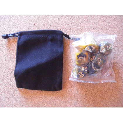 Set de 7 dés nacrés marrons or de jeux de rôles + pochette velours (accessoire de jdr) 002D